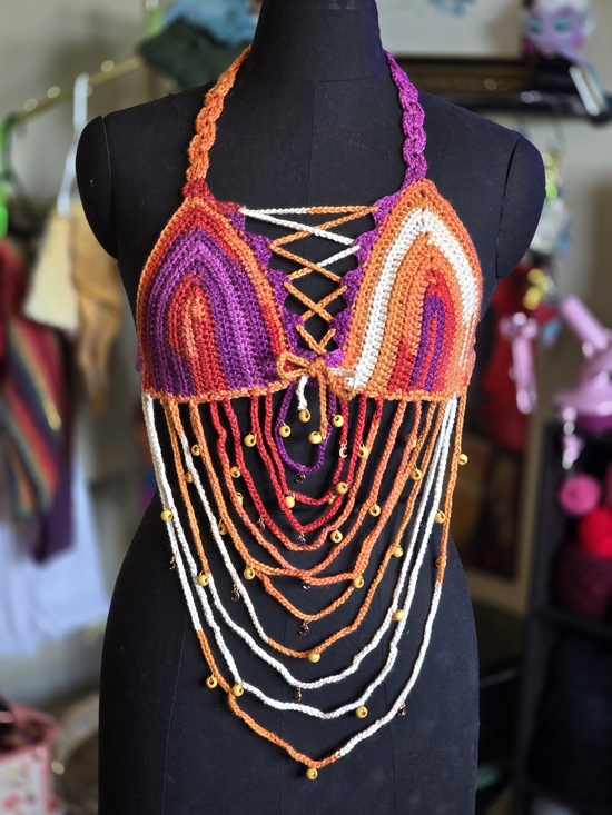 Handmade Tops - Handmade Crochet Fringe Festival Halter Top - Orange, Purple, White